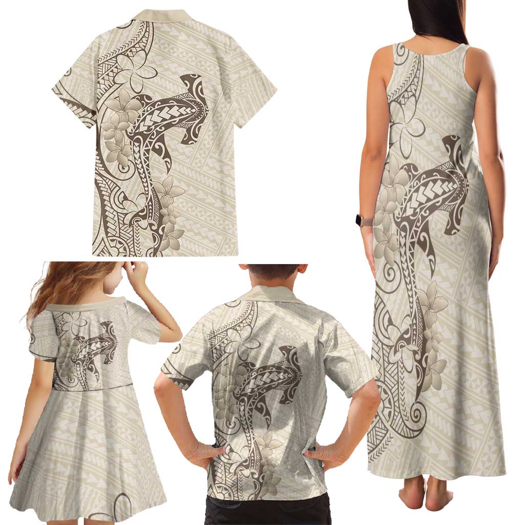 Beige Hawaii Family Matching Tank Maxi Dress and Hawaiian Shirt Hammerhead Shark Tattoo Curve Polynesian - Polynesian Pride