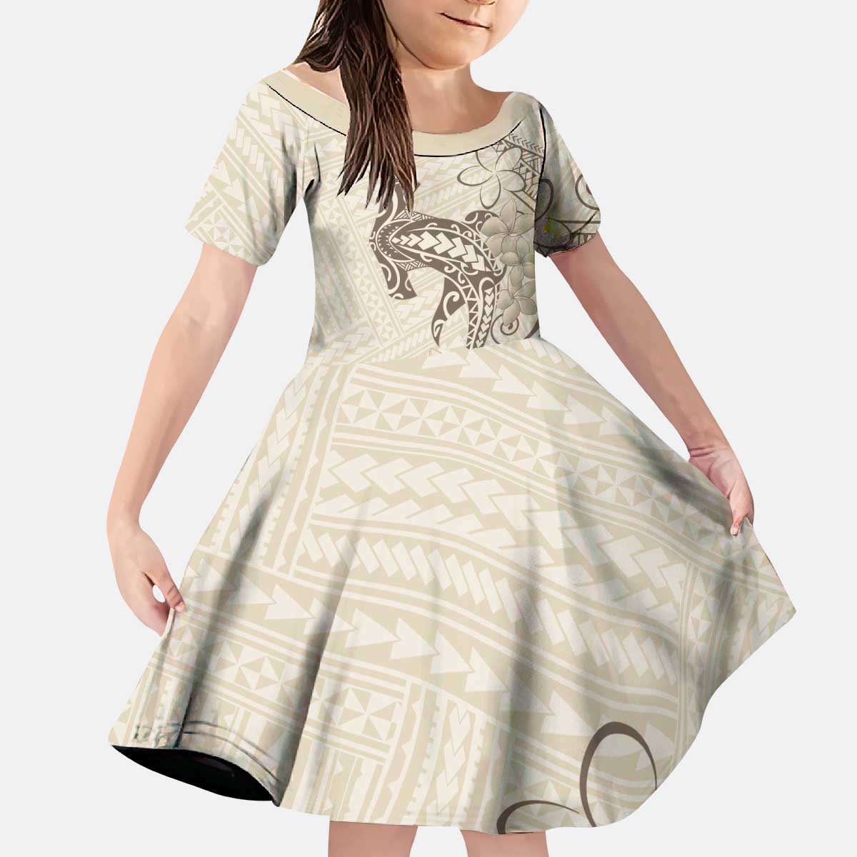 Beige Hawaii Kid Short Sleeve Dress Hammerhead Shark Tattoo Curve Polynesian - Polynesian Pride