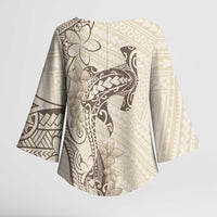Beige Hawaii Kimono Sleeve Blouse Hammerhead Shark Tattoo Curve Polynesian - Polynesian Pride