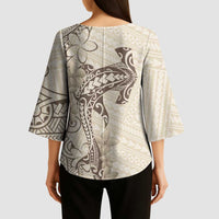 Beige Hawaii Kimono Sleeve Blouse Hammerhead Shark Tattoo Curve Polynesian - Polynesian Pride