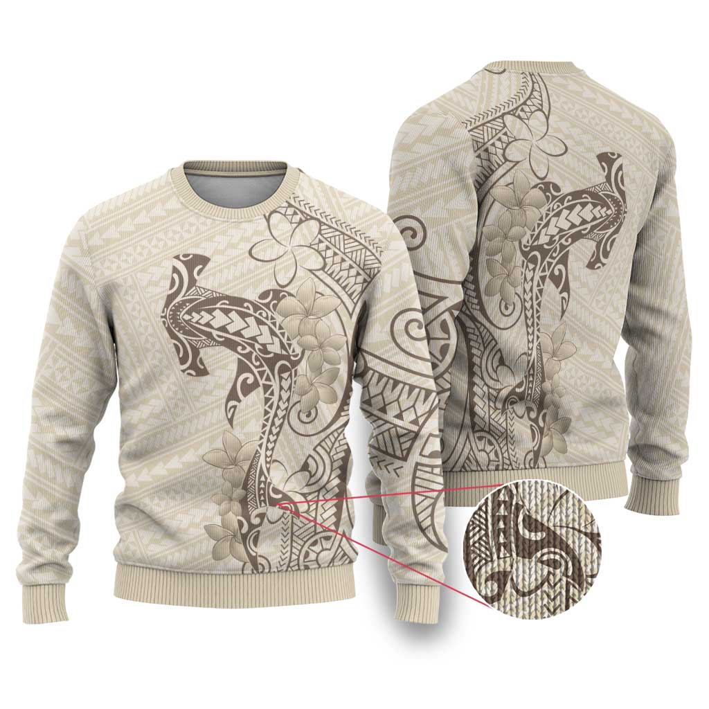 Beige Hawaii Ugly Christmas Sweater Hammerhead Shark Tattoo Curve Polynesian - Polynesian Pride