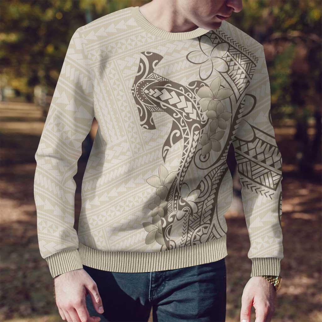 Beige Hawaii Ugly Christmas Sweater Hammerhead Shark Tattoo Curve Polynesian - Polynesian Pride