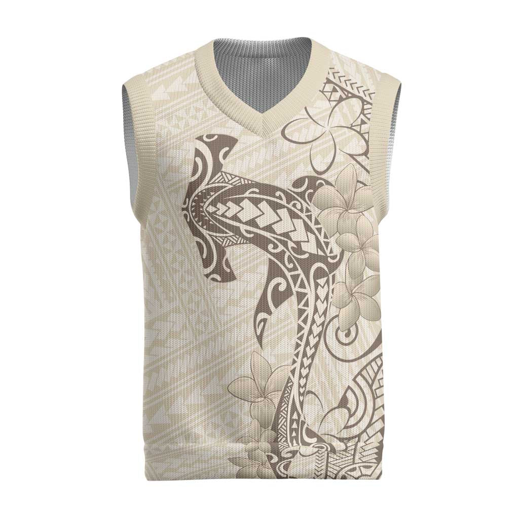 Beige Hawaii Christmas Knitted V-Neck Vest Hammerhead Shark Tattoo Curve Polynesian - Polynesian Pride