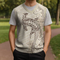 Beige Hawaii Christmas Knitted V-Neck Vest Hammerhead Shark Tattoo Curve Polynesian - Polynesian Pride