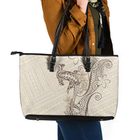Beige Hawaii Leather Tote Bag Hammerhead Shark Tattoo Curve Polynesian - Polynesian Pride