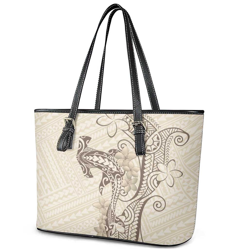 Beige Hawaii Leather Tote Bag Hammerhead Shark Tattoo Curve Polynesian - Polynesian Pride