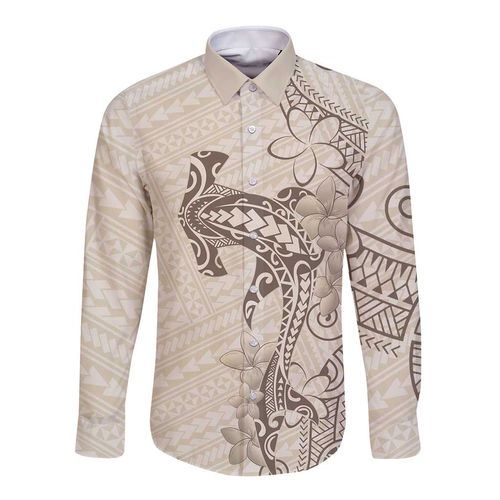 Beige Hawaii Long Sleeve Button Shirt Hammerhead Shark Tattoo Curve Polynesian - Polynesian Pride