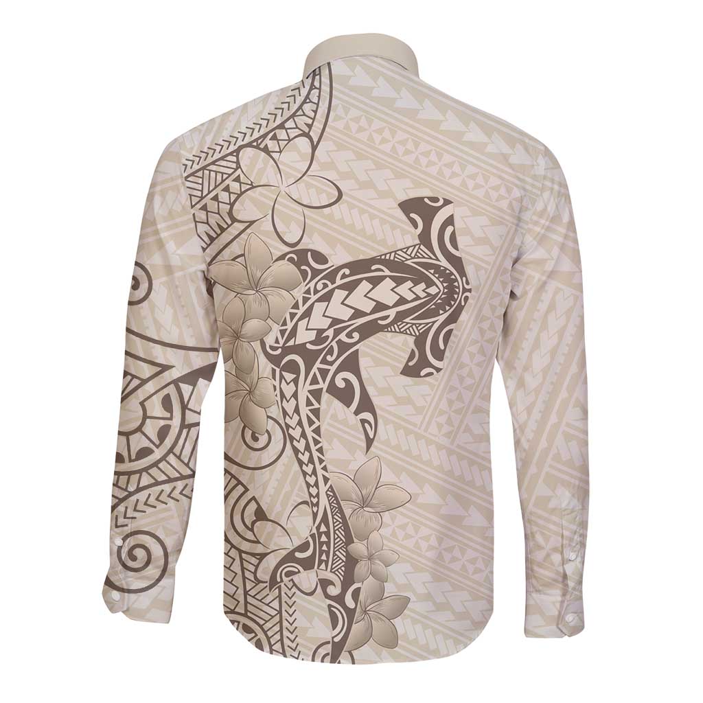 Beige Hawaii Long Sleeve Button Shirt Hammerhead Shark Tattoo Curve Polynesian - Polynesian Pride