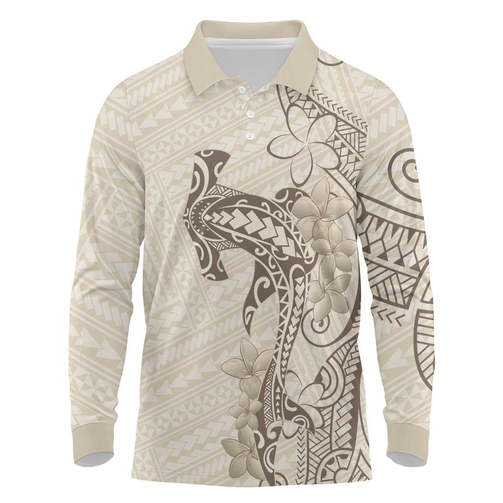 Beige Hawaii Long Sleeve Polo Shirt Hammerhead Shark Tattoo Curve Polynesian - Polynesian Pride