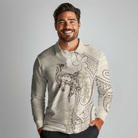 Beige Hawaii Long Sleeve Polo Shirt Hammerhead Shark Tattoo Curve Polynesian - Polynesian Pride