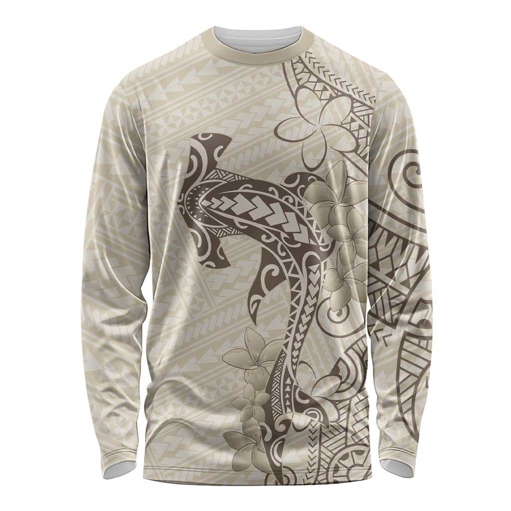 Beige Hawaii Long Sleeve Shirt Hammerhead Shark Tattoo Curve Polynesian - Polynesian Pride
