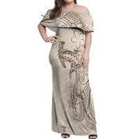 Beige Hawaii Off Shoulder Maxi Dress Hammerhead Shark Tattoo Curve Polynesian - Polynesian Pride