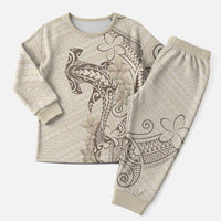 Beige Hawaii Christmas Pajama Set Hammerhead Shark Tattoo Curve Polynesian - Polynesian Pride