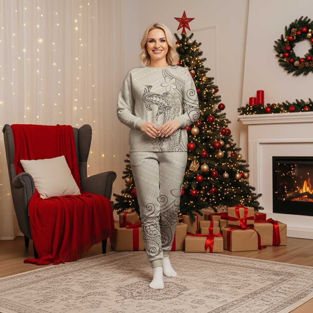 Beige Hawaii Christmas Pajama Set Hammerhead Shark Tattoo Curve Polynesian - Polynesian Pride
