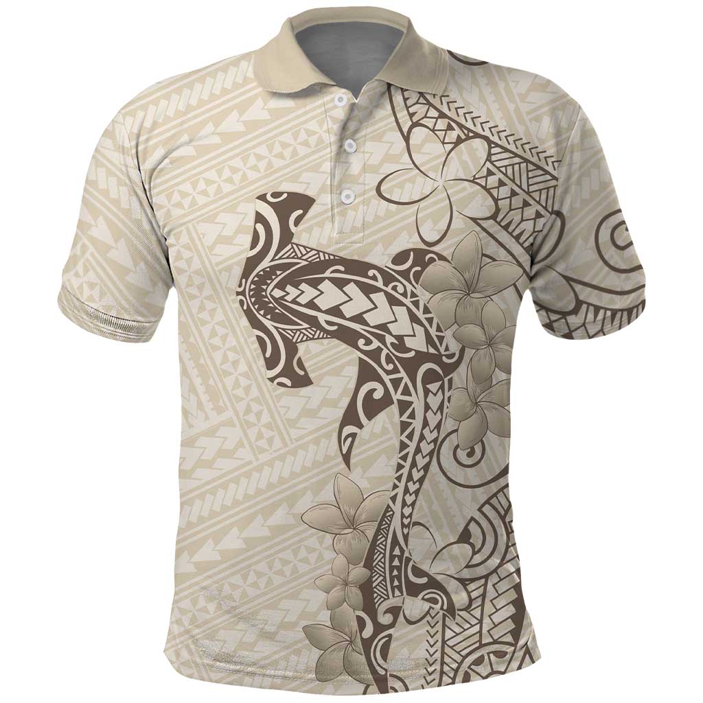 Beige Hawaii Polo Shirt Hammerhead Shark Tattoo Curve Polynesian - Polynesian Pride