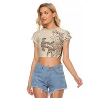 Beige Hawaii Raglan Cropped T Shirt Hammerhead Shark Tattoo Curve Polynesian - Polynesian Pride