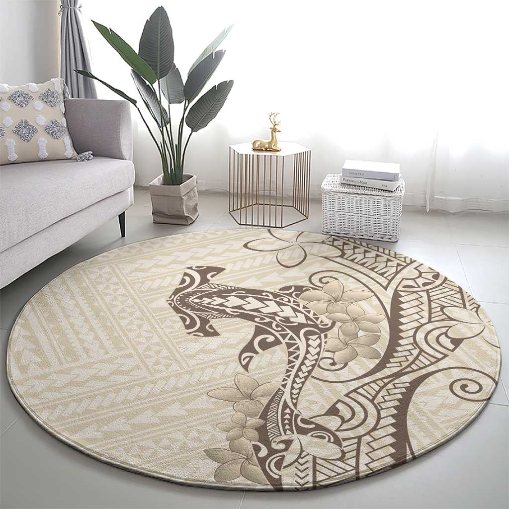 Beige Hawaii Round Carpet Hammerhead Shark Tattoo Curve Polynesian - Polynesian Pride