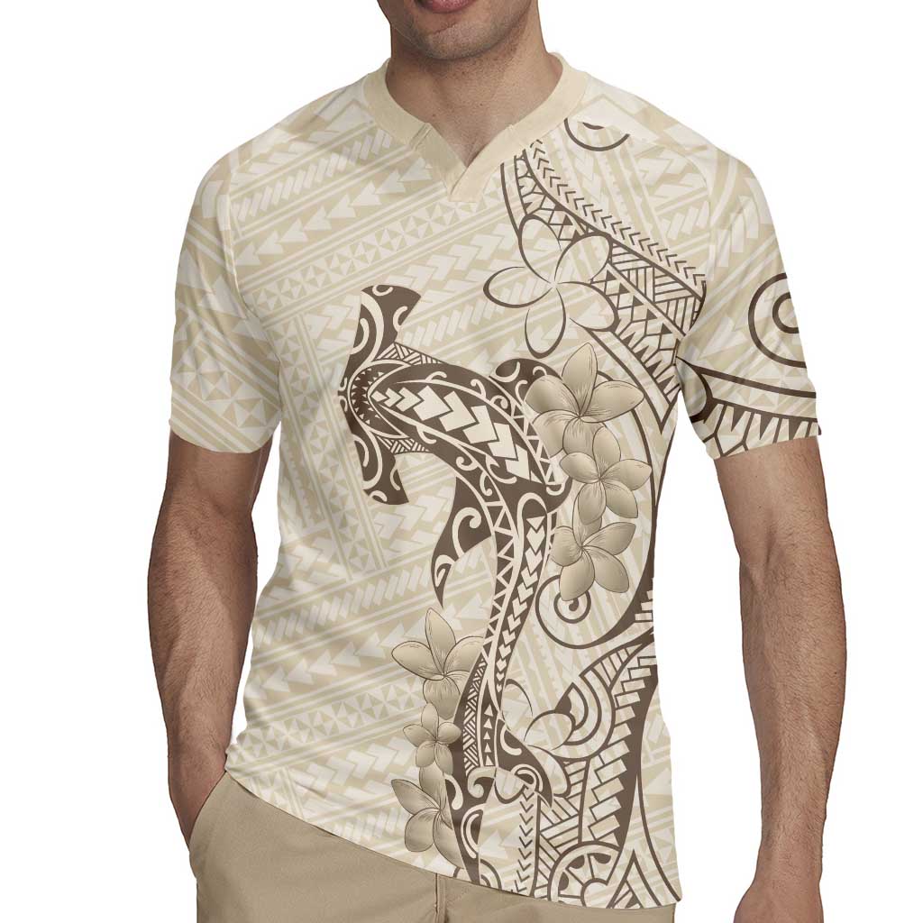 Beige Hawaii Rugby Jersey Hammerhead Shark Tattoo Curve Polynesian - Polynesian Pride