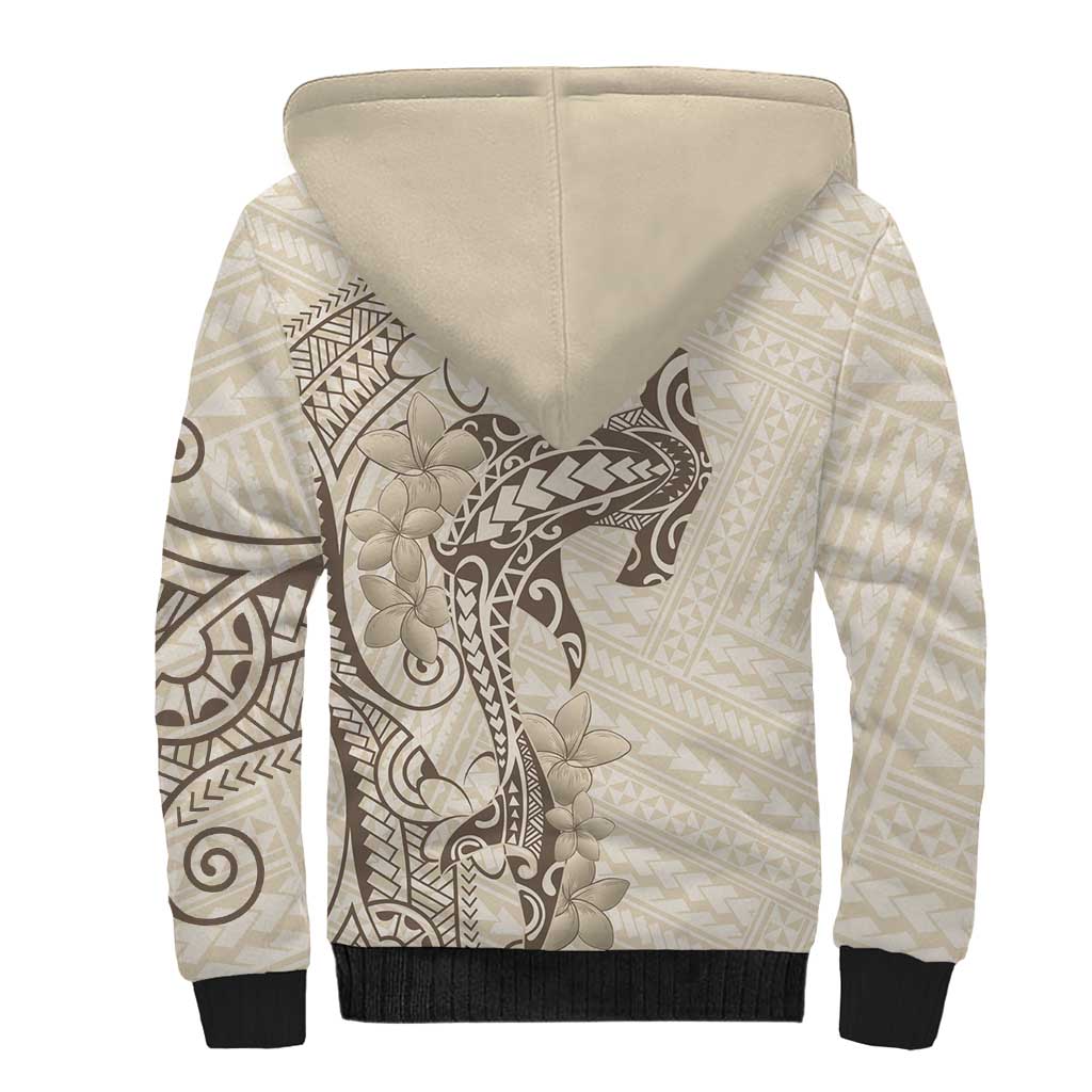 Beige Hawaii Sherpa Hoodie Hammerhead Shark Tattoo Curve Polynesian - Polynesian Pride