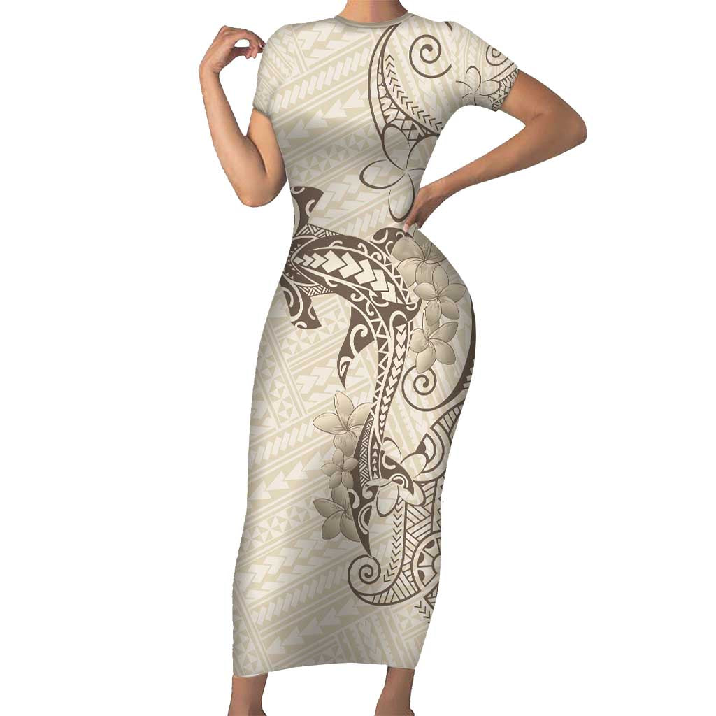 Beige Hawaii Short Sleeve Bodycon Dress Hammerhead Shark Tattoo Curve Polynesian - Polynesian Pride