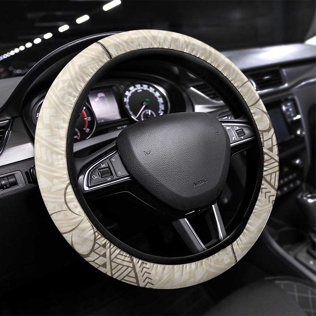 Beige Hawaii Steering Wheel Cover Hammerhead Shark Tattoo Curve Polynesian - Polynesian Pride