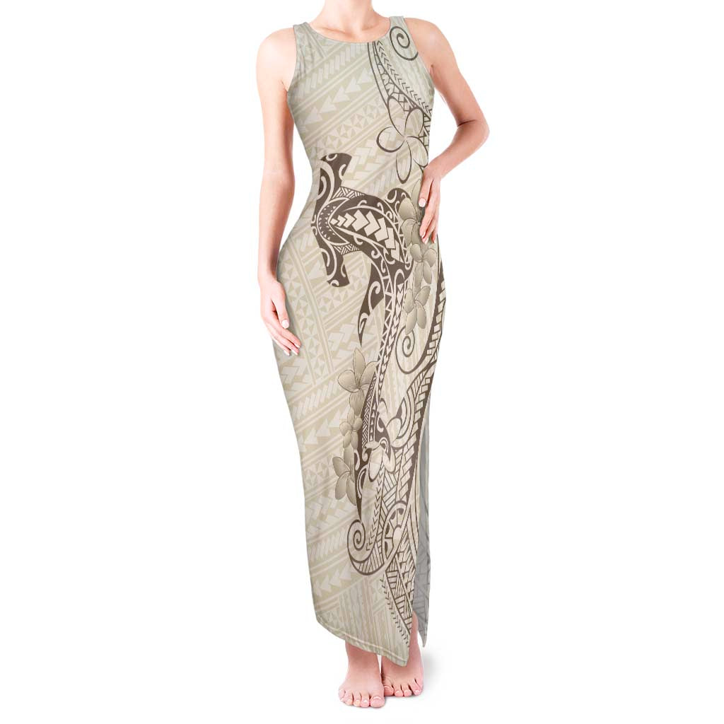Beige Hawaii Tank Maxi Dress Hammerhead Shark Tattoo Curve Polynesian - Polynesian Pride