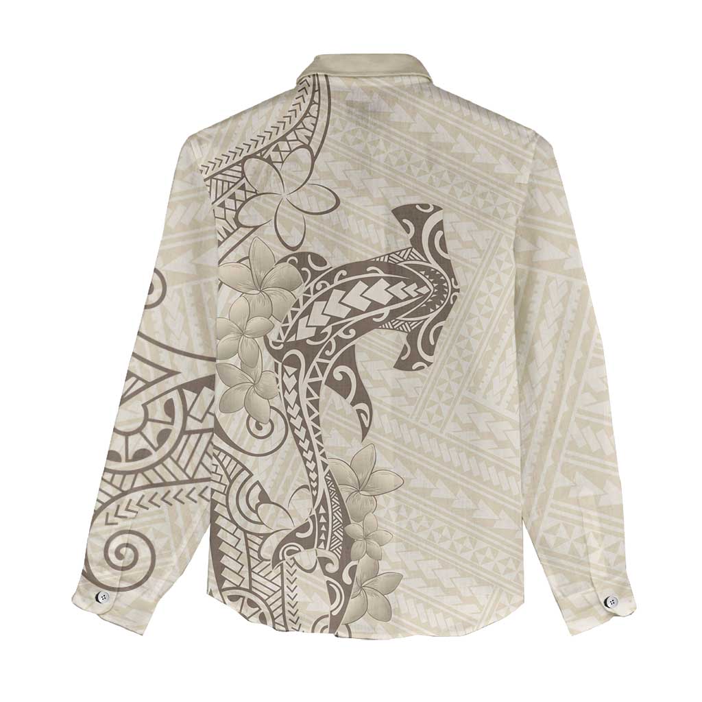 Beige Hawaii Women Casual Shirt Hammerhead Shark Tattoo Curve Polynesian - Polynesian Pride
