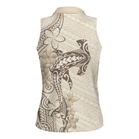 Beige Hawaii Women Sleeveless Polo Shirt Hammerhead Shark Tattoo Curve Polynesian - Polynesian Pride
