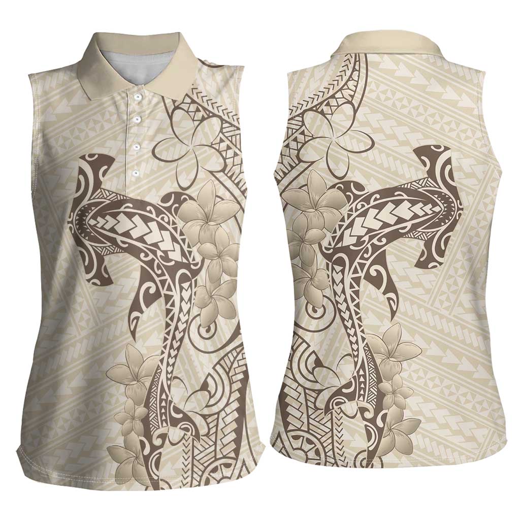 Beige Hawaii Women Sleeveless Polo Shirt Hammerhead Shark Tattoo Curve Polynesian - Polynesian Pride