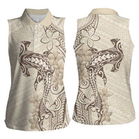 Beige Hawaii Women Sleeveless Polo Shirt Hammerhead Shark Tattoo Curve Polynesian - Polynesian Pride
