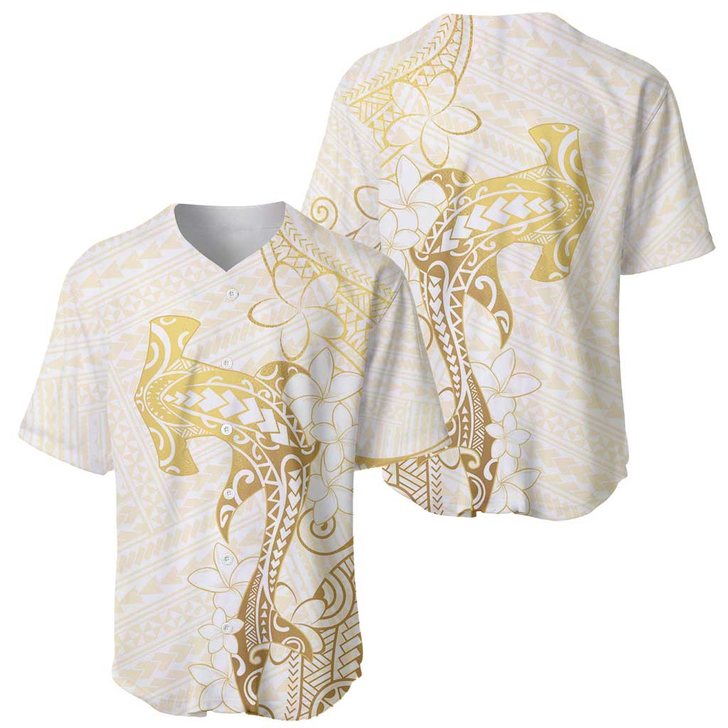 Gold and White Hawaii Baseball Jersey Hammerhead Shark Tattoo Curve Polynesian - Polynesian Pride