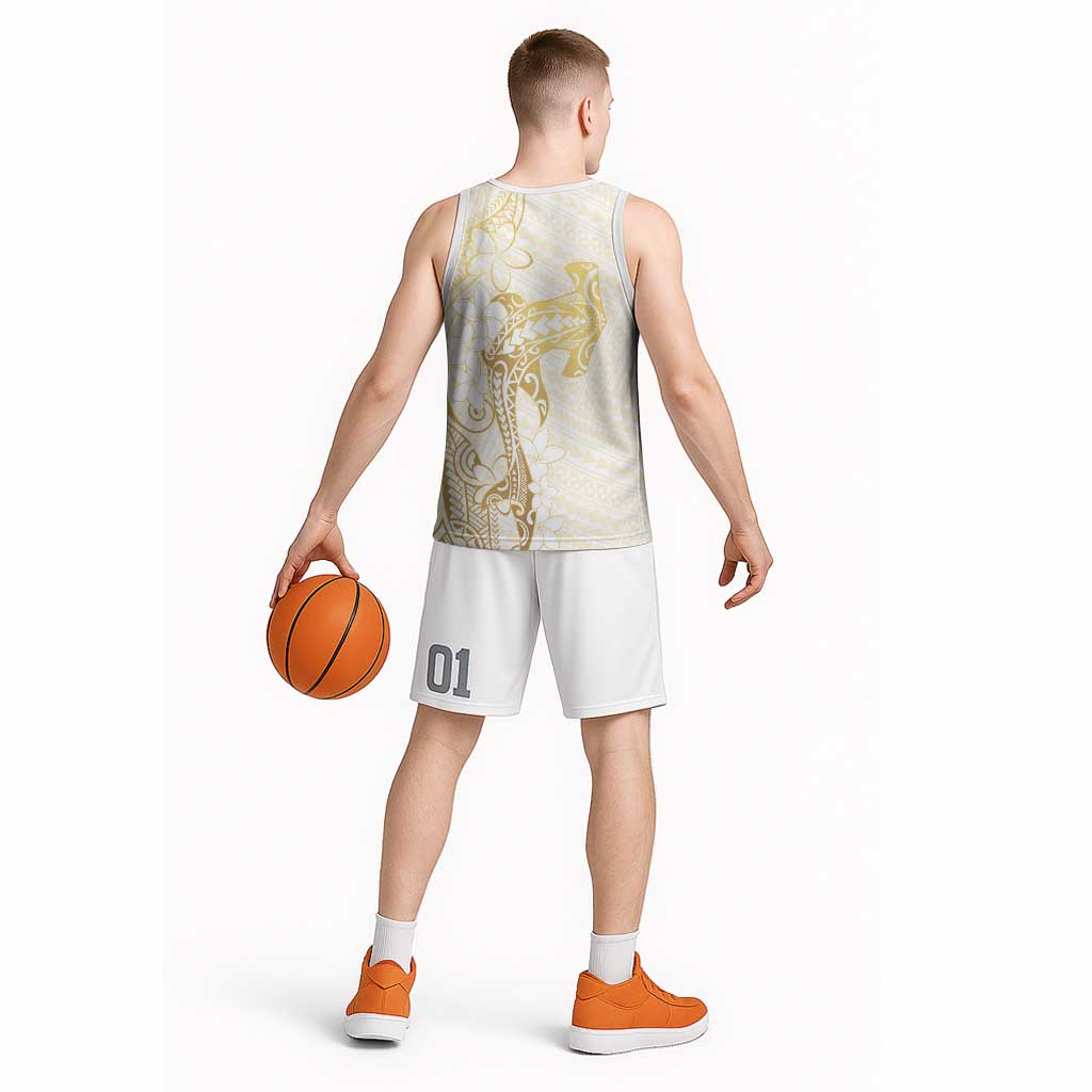 Gold and White Hawaii Basketball Jersey Hammerhead Shark Tattoo Curve Polynesian - Polynesian Pride
