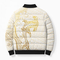Gold and White Hawaii Bomber Puffer Jacket Hammerhead Shark Tattoo Curve Polynesian - Polynesian Pride