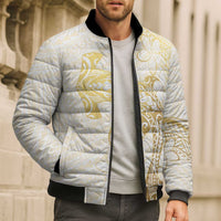 Gold and White Hawaii Bomber Puffer Jacket Hammerhead Shark Tattoo Curve Polynesian - Polynesian Pride