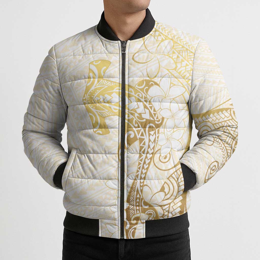 Gold and White Hawaii Bomber Puffer Jacket Hammerhead Shark Tattoo Curve Polynesian - Polynesian Pride