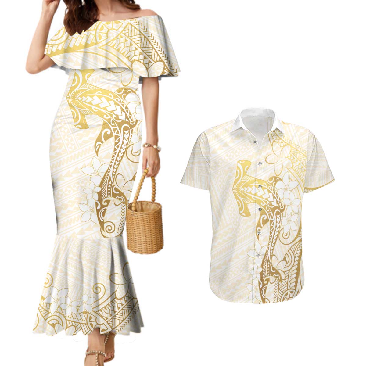 Gold and White Hawaii Couples Matching Mermaid Dress and Hawaiian Shirt Hammerhead Shark Tattoo Curve Polynesian - Polynesian Pride