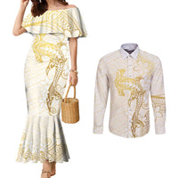 Gold and White Hawaii Couples Matching Mermaid Dress and Long Sleeve Button Shirt Hammerhead Shark Tattoo Curve Polynesian - Polynesian Pride