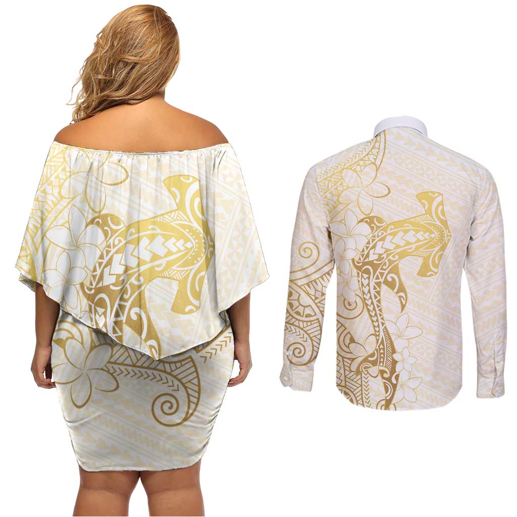 Gold and White Hawaii Couples Matching Off Shoulder Short Dress and Long Sleeve Button Shirt Hammerhead Shark Tattoo Curve Polynesian - Polynesian Pride