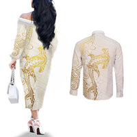 Gold and White Hawaii Couples Matching Off The Shoulder Long Sleeve Dress and Long Sleeve Button Shirt Hammerhead Shark Tattoo Curve Polynesian - Polynesian Pride