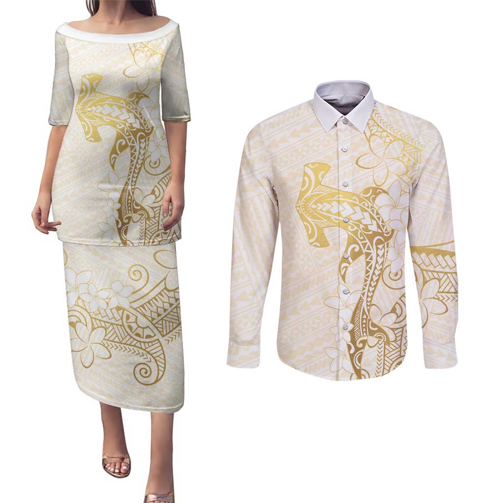 Gold and White Hawaii Couples Matching Puletasi and Long Sleeve Button Shirt Hammerhead Shark Tattoo Curve Polynesian LT14 White - Polynesian Pride
