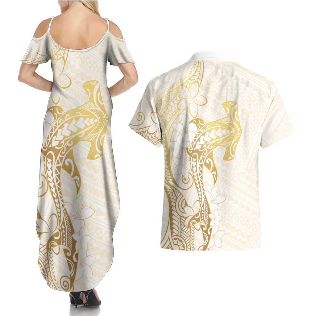Gold and White Hawaii Couples Matching Summer Maxi Dress and Hawaiian Shirt Hammerhead Shark Tattoo Curve Polynesian - Polynesian Pride