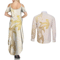 Gold and White Hawaii Couples Matching Summer Maxi Dress and Long Sleeve Button Shirt Hammerhead Shark Tattoo Curve Polynesian - Polynesian Pride