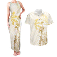 Gold and White Hawaii Couples Matching Tank Maxi Dress and Hawaiian Shirt Hammerhead Shark Tattoo Curve Polynesian - Polynesian Pride