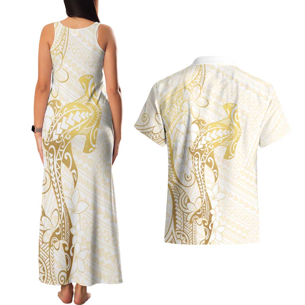 Gold and White Hawaii Couples Matching Tank Maxi Dress and Hawaiian Shirt Hammerhead Shark Tattoo Curve Polynesian - Polynesian Pride