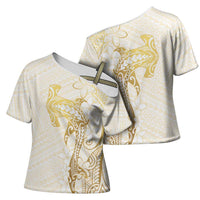 Gold and White Hawaii Cross Shoulder Shirt Hammerhead Shark Tattoo Curve Polynesian - Polynesian Pride