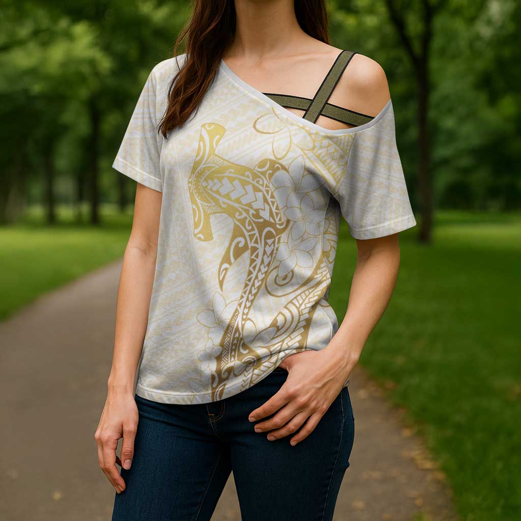 Gold and White Hawaii Cross Shoulder Shirt Hammerhead Shark Tattoo Curve Polynesian - Polynesian Pride