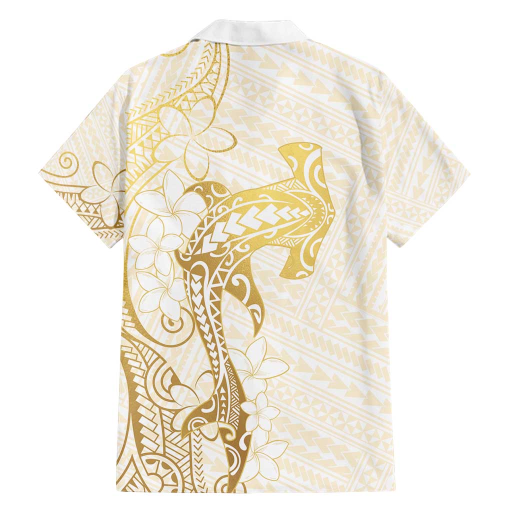 Gold and White Hawaii Family Matching Long Sleeve Bodycon Dress and Hawaiian Shirt Hammerhead Shark Tattoo Curve Polynesian - Polynesian Pride