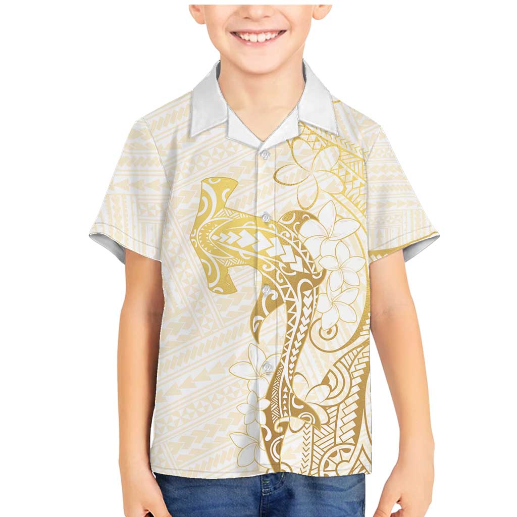 Gold and White Hawaii Family Matching Mermaid Dress and Hawaiian Shirt Hammerhead Shark Tattoo Curve Polynesian - Polynesian Pride