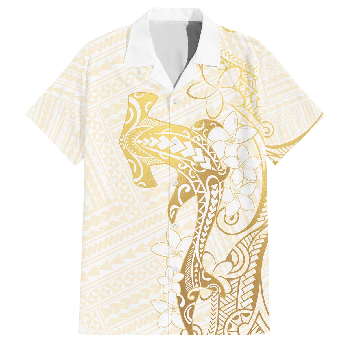 Gold and White Hawaii Family Matching Off The Shoulder Long Sleeve Dress and Hawaiian Shirt Hammerhead Shark Tattoo Curve Polynesian - Polynesian Pride