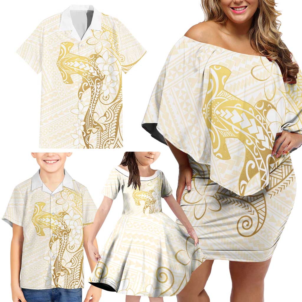 Gold and White Hawaii Family Matching Off Shoulder Short Dress and Hawaiian Shirt Hammerhead Shark Tattoo Curve Polynesian - Polynesian Pride
